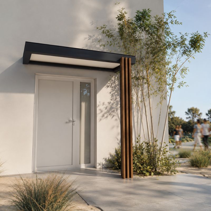 Marquise en kit aluminium avec poteau bois au-dessus d'une porte d'entrée